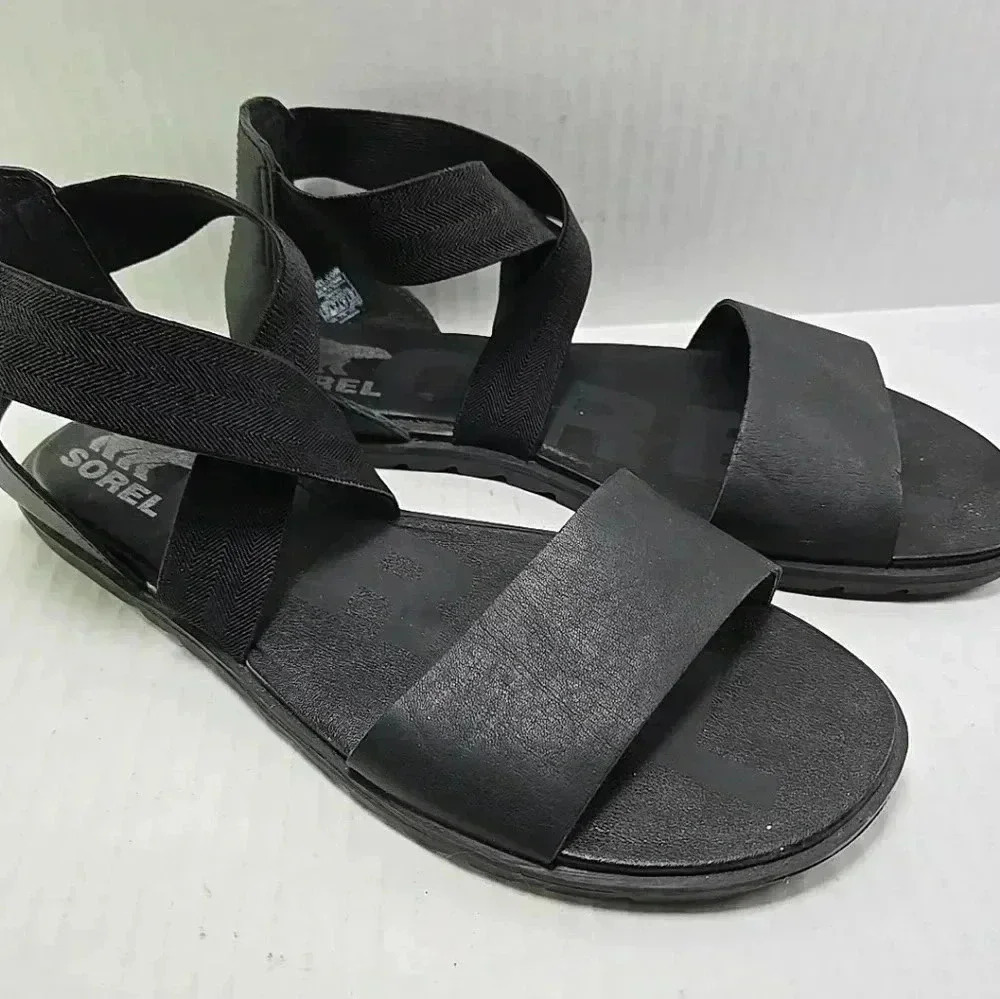 Sorel Ella II Black Leather Cross Strap Flat Gladiator Strappy Sandals Size 10